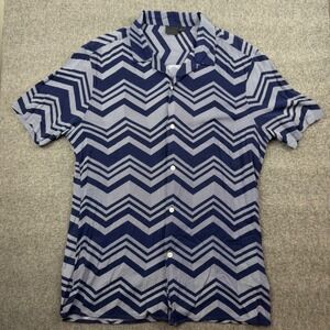 ASOS Button Down Shirt Men's L Long Blue Chevron Zigzag Short Sleeve Camp Collar